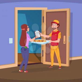 Delivery to home. Boy deliver handing pizza and woman customer paying order. Home delivery food vector concept. Pizza food delivery courier, deliver express to doorway illustration