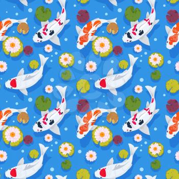Koi fish seamless pattern. Japanese carp in china garden. Oriental nature background. Asian vector wallpaper. Illustration of fish pattern seamless, japanese carp