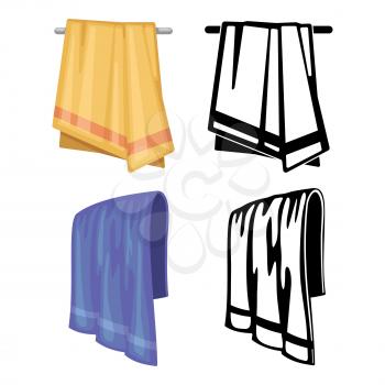 Set of towels - cartoon style and outline towels isolated on white background. Vector illustration