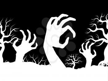 White horror zombi hands and tree silhouettes vector banner design illustration