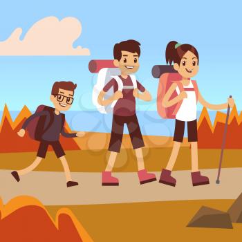 Happy family hikers. Dad, mom and son make autumn trekking outdoor adventure, vector concept illustration