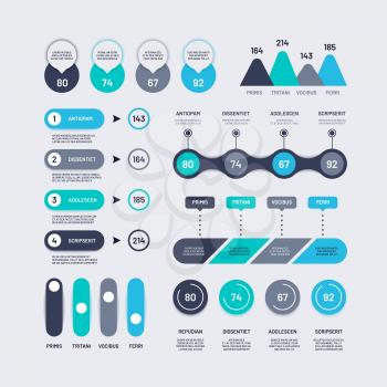 Infographic elements. Bar graphs timelines circle diagram flowchart with percents, number chart and icons. Business vector infographics. Economic chart information, graph and diagram illustration
