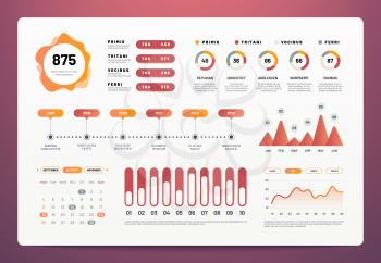 Infographics dashboard. Modern ui with statistics graphs, pie charts, workflow info chart. Website analytics vector template infographic and infochart, data marketing panel interface illustration