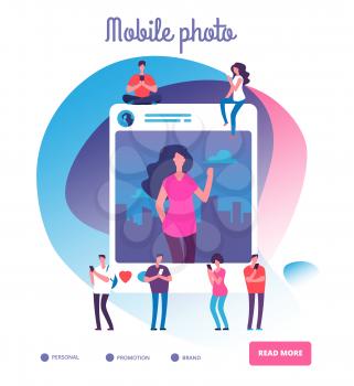 Young people posting self photos. Social network publication, youngsters shooting photo pictures or smartphone addiction vector concept. Photo selfie post, smartphone social mobile illustration