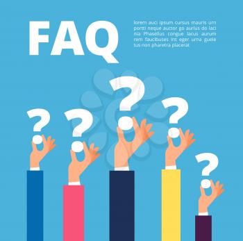 Faq concept. Businessman hands holding question marks. Quiz and online support vector illustration. Faq support, asking and solving