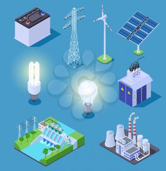 Electric power isometric icons. Energy generator, solar panels and thermal power plant, hydropower station. Electrical vector symbols. Illustration isometric solar panel, power generator and turbine