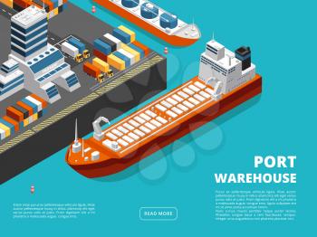 Sea transportation horizontal sea freight and shipping background with isometric seaport, ships, containers. Vector illustration