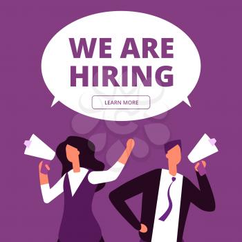 We are hiring concept. Business recruitment vector background. Man and woman with megaphone shouting for interview illustration