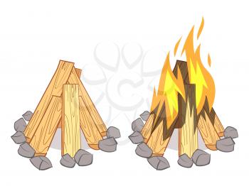 Wood stacks, hardwood firewood, wooden logs and outdoor bonfire with burned logs isolated on white background. Vector illustration