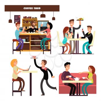 Cafe, coffee shop, restaurant with meeting and drinking coffee people vector. Cartoon character happy people eating, grinking and working in cafe illustration