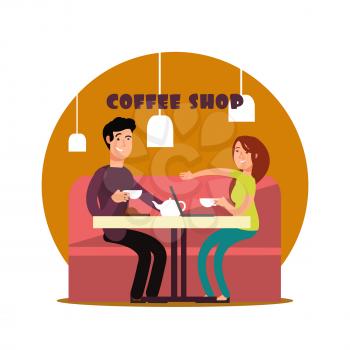 Happy young couple working in coffee shop. Freelancers drinking tea with notebook in cafe vector illustration