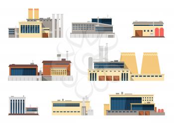Industrial factory and manufacturing plant exterior flat vector icons for industry concept. Illustration exterior industry plant, building industrial