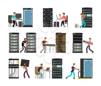 Man engineer, technician working in server room. Digital computer center support, data storage. Vector cartoon characters set. Illustration storage system, security and diagnostic support technology