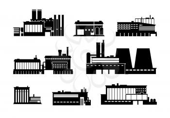 Factory, power and manufacturing plant black silhouette icons isolated. Heavy industry vector symbols. Industrial building factory illustration