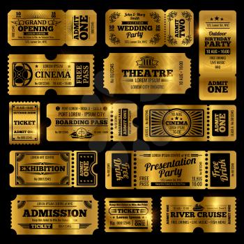 Circus, party and cinema vector vintage admission tickets templates. Golden tickets isolated on black background. Ticket of collection in vintage style, admission to theate and exhibition illustration