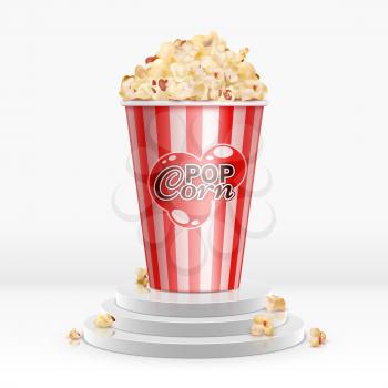 Cinema food popcorn in disposable bowl on pedestal. Realistic vector popcorn on 3d pedestal. Cinema snack popcorn, corn in box bucket illustration