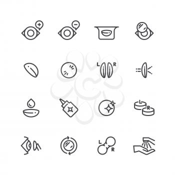 Eye optical lens icons. Human eyesight correction and optometrist outline vector symbols isolated. Human vision icon correction line of set illustration