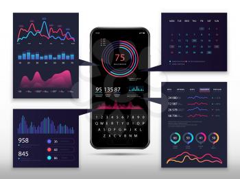 Smartphone app infographic with 3d phone, marketing charts and diagrams. Vector eps10. Marketing charts on phone mobile illustration
