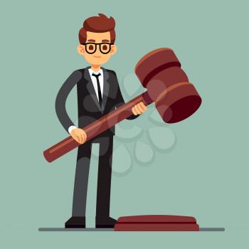 Business lawyer holding wooden judge gavel. Legal verdict, legislation authority vector concept. Illustration of legality jurisdiction, guilty and order juridical