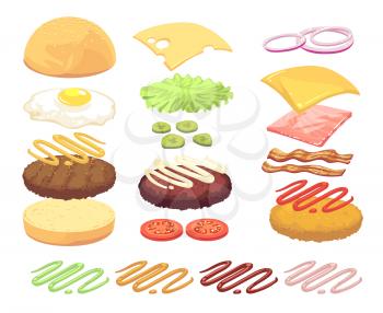 Sandwich and burger food ingredients cartoon vector set. Illustration of cheeseburger and hamburger, ingredient bread and cucumber, cheese and meat