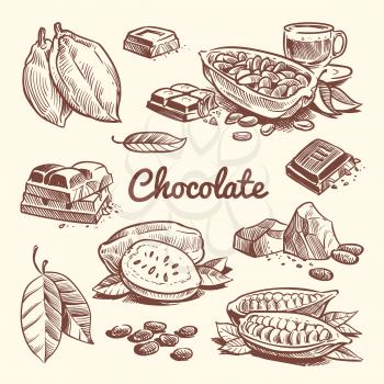Hand drawn cacao, leaves, cocoa seeds, sweet dessert and chocolate bar. Cocoa sketch vector collection. Drawing chocolate sweet, sketch brown bean ingredient illustration