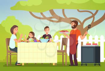 Happy family eating barbecue outdoor. Man, woman and kids cooking and grilling on summer holiday. Barbecue food, summer grill and bbq, picnic cooking illustration