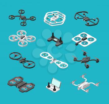 Different isometric 3d drones. Aerial delivery and photo robots vector set. Aircraft robot, control propeller wireless illustration