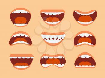 Funny cartoon human mouth, teeth and tongue with different expressions vector set isolated. Mouth expression and emotion illustration