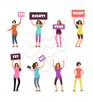 Cartoon women protesters, feminism, womens rights and protest vector concept. Female international rights, freedom woman illustration