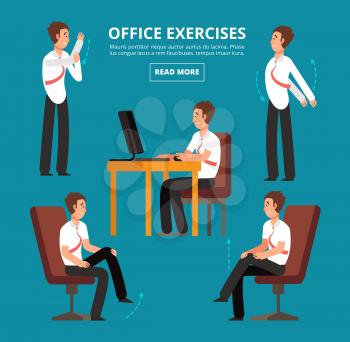 Office exercises at desk. Diagram for health employees vector illustration. Office health exercise workout, posture body relax