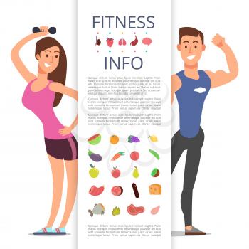 Fitness info banner flyer template. Sports cartoon character man and woman isolated on white background. Vector illustration