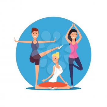 Three young girls doing yoga exersises. Yoga, pilates or fitness vector emblem illustration