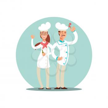 Smiling restaurant chefs, professional cooks in kitchen uniform flat characters icon isolated on white illustration