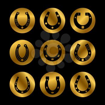 Black horseshoe vector icons on golden rounds of set. Vector illustration