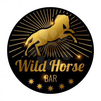 Golden shiny racing horse on black backdrop. Bar, cafe emblem with horse isolated on white background. Vector illustration