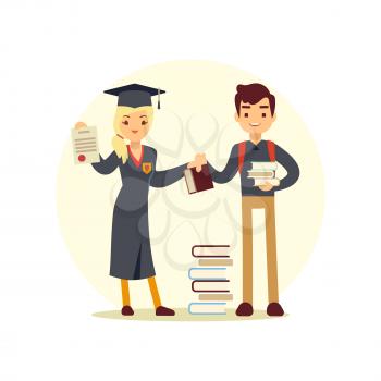 Graduate and books to student. Cartoon character school people. Vector illustration