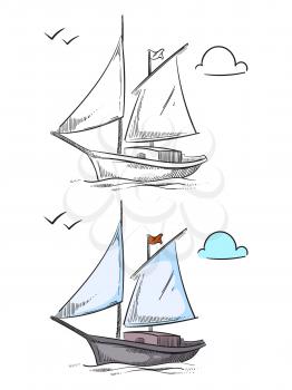 Coloring ship with colorful sample. Hand drawn boat isolated on white background. Vector illustration