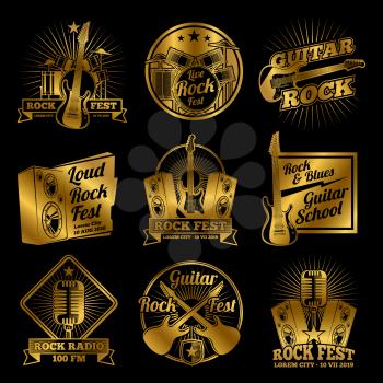 Golden rock and roll music vector labels on black background od set isolated on white