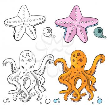 Ocean life coloring page design. Starfish and octopus isolated on white background. Vector illustration