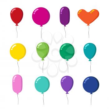 Color rubber flying cartoon balloons with string vector set isolated on white background. Illustration colored balloon with helium for holiday gift
