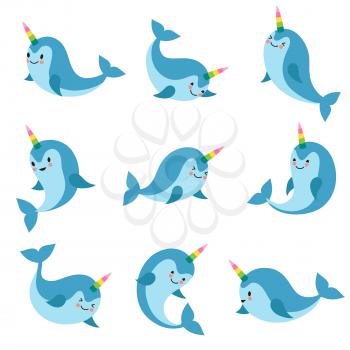 Cute cartoon anime unicorn narwhal. Funny kawaii baby whale vector characters. Animal character swim, aquatic charming and friendly mythical fish illustration