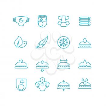 Disposable baby diaper and characteristics line icons. Absorbent hygiene products for infant with incontinence vector symbols isolated. Absorbing and breathable, softness diaper illustration