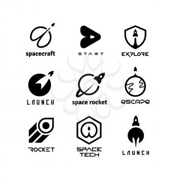 Rockets, launching shuttles, space travelling, spaceship and start-up vector logos isolated. Rocket and spaceship, shuttle ship logo illustration