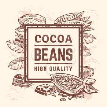 Cocoa plant with leaves. Cacao tree background. Sweet chocolate packaging vector design. Sweet food engraving, natural drawing bean and leaf illustration