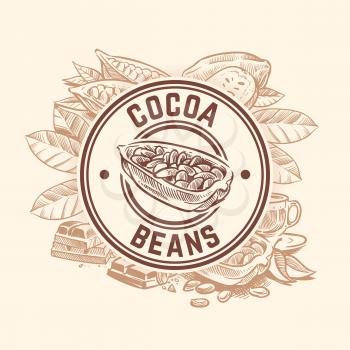 Cocoa bean tree. Chocolate cacao sketch vector wallpaper. Sketch cacao emblem, round stylization illustration