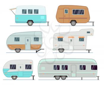 Rv camping trailers, travel mobile home, caravan vector set isolated. Home camper for travel, trailer mobile of collection illustration