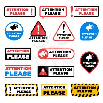 Attention please message vector signs. Alert important information labels. Illustration of important label message, careful and caution exclamation