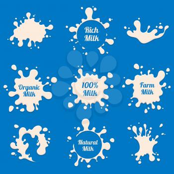Milk splashes vector labels. Farm fresh dairy product advertising badges. Milk farm drink, splash label for package illustration
