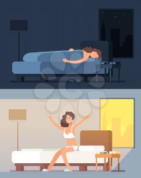 Woman sleeping and dreaming in bed at night and waking up in morning cartoon vector concept. Illustration of character dream and awake in bedroom