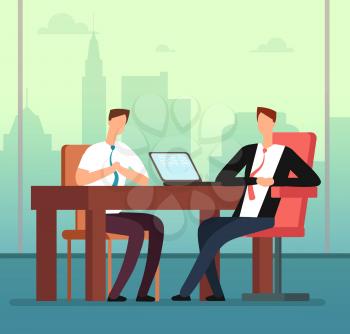 Employee man and interviewer boss meeting in office. Job interview and recruitment vector cartoon concept. Meeting employee, interview and recruitment illustration